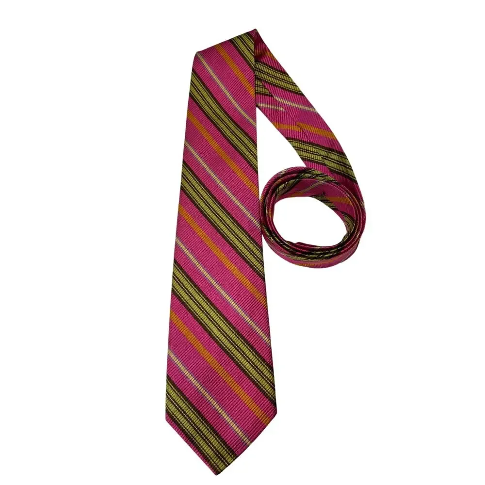 Robert Talbott Men's Silk Neck Tie Pink,Olive, Brown Striped Made in‎ USA